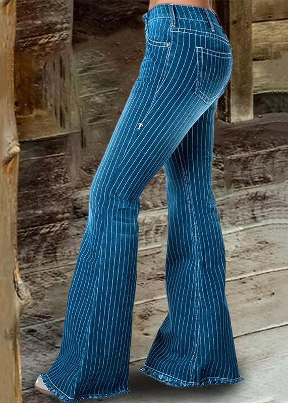 Stylish Blue Striped High Waist Denim Flare Bottoms Spring