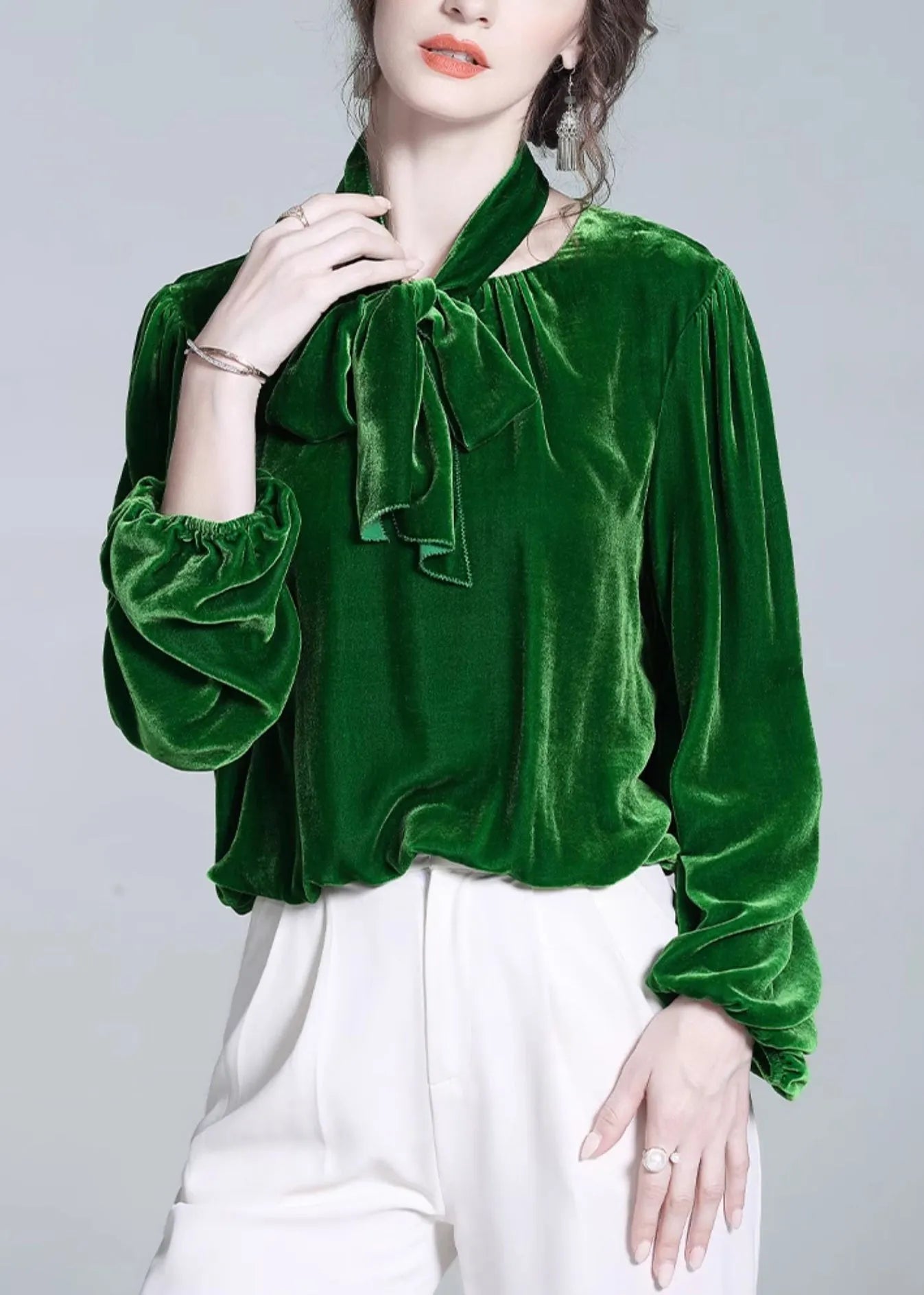 Green Bow Silk Velour Top Winter