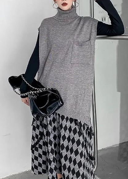 Grey Turtleneck Asymmetrical Thick Knit Waistcoat Spring