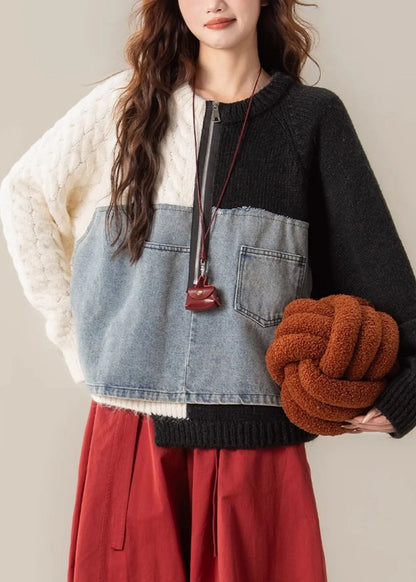 Black Zip Up Denim Patchwork Knit Sweater Spring