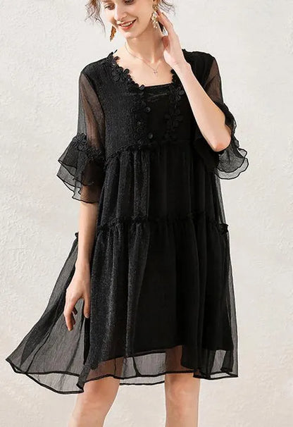 Classy Black Appliques Chiffon Summer Robe Dresses