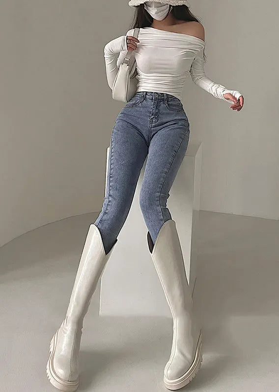 Light Blue High Waist Denim Pants Spring