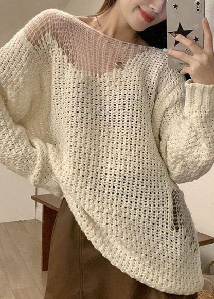 Beige Hollow Out Knit Sweater Spring