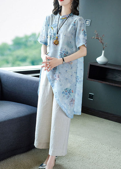 Light Blue Mandarin Collar Asymmetrical Design Print Linen Tops and Pants 2 Piece Outfit Summer