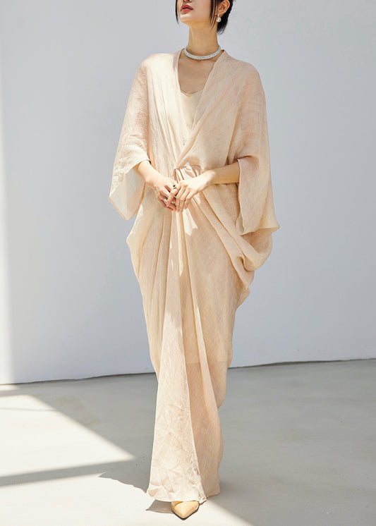 Beige V Neck Wrinkled Linen Silk Dress Bracelet Sleeve