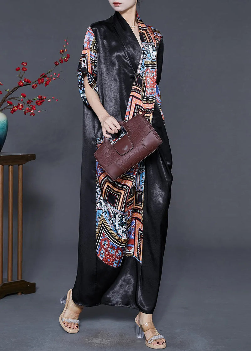Natural Black Asymmetrical Print Silk Dress Spring