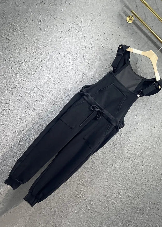 Black Pockets Drawstring Patchwork Cotton Overalls Jumpsuit Fall
