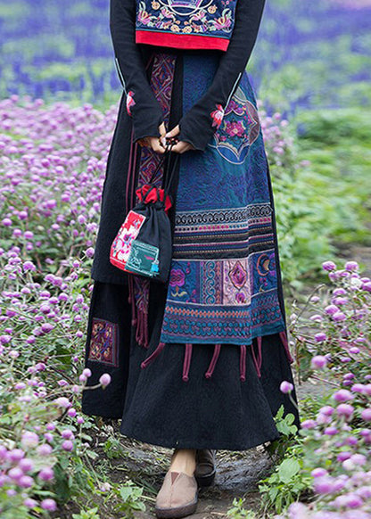 Handmade Navy Embroideried Elastic Waist Tassel Linen Skirt Fall