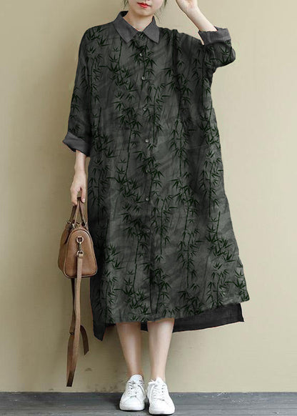 Red Flower Linen Shirt Dress Oversize Spring Maxi Dresses