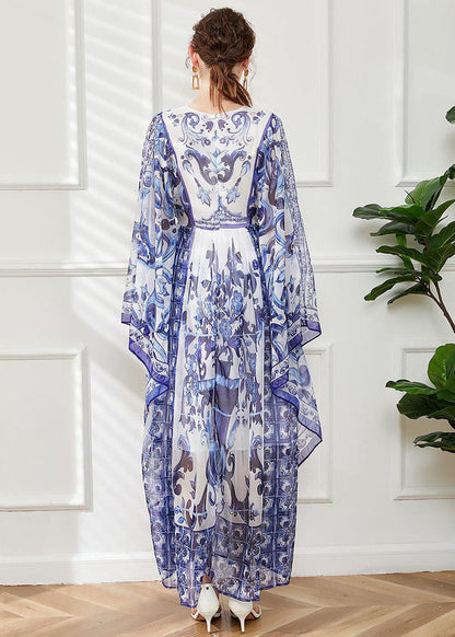 Blue O-neck Print Chiffon Maxi Dress Cloak Sleeves