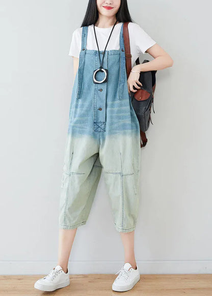 Light Blue Patchwork Gradient Color Cotton Overalls Jumpsuit Spring