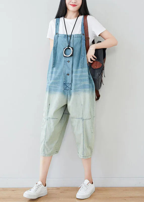 Light Blue Patchwork Gradient Color Cotton Overalls Jumpsuit Spring