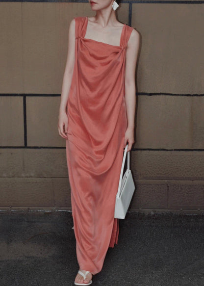 Orange Lace Up Silk Long Dresses Sleeveless Summer