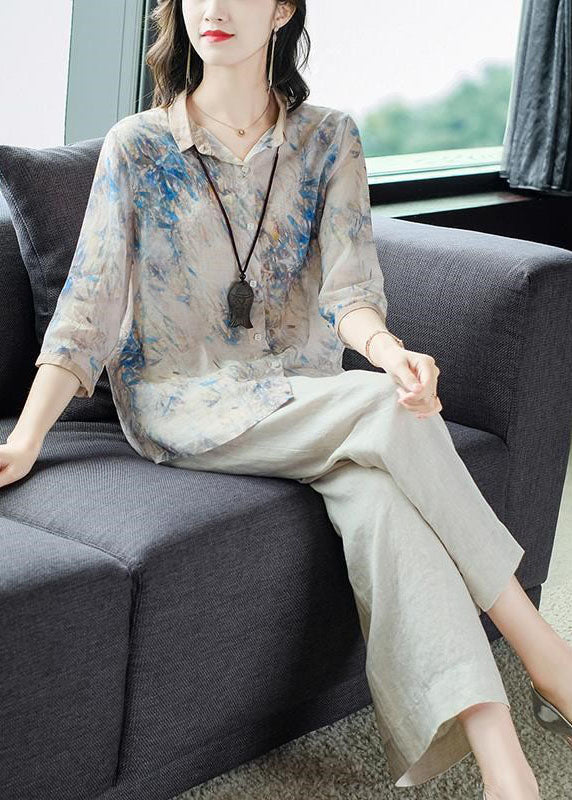 Loose Peter Pan Collar Print Linen Shirt and Wide Leg Pants Two Pieces Set Half Sleeve