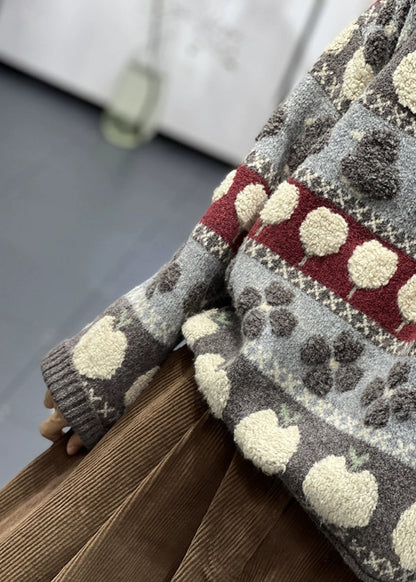 Grey O Neck Patchwork Cozy Cotton Knit Sweaters Long Sleeve