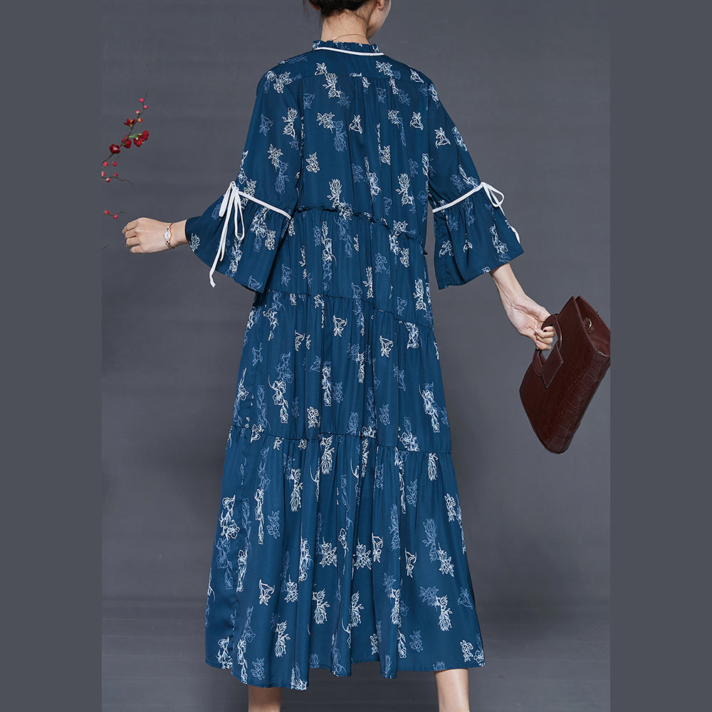 Navy Print Cotton Holiday Dresses Exra Large Hem Summer