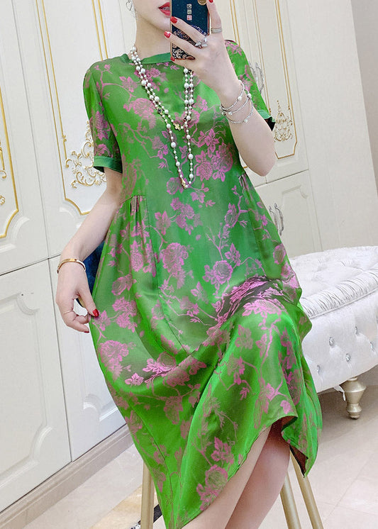 Blackish Green O-neck Print Wrinkled Silk Dresses Short Sleeve