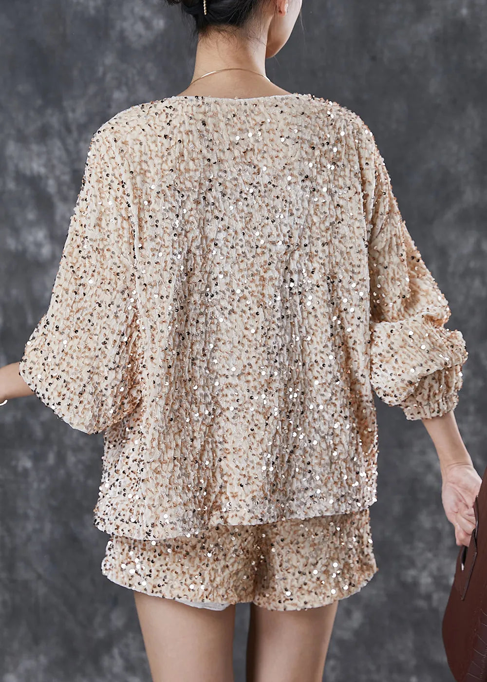 Handmade Khaki O-neck Sequins Silk Velour Two-piece Set Spring