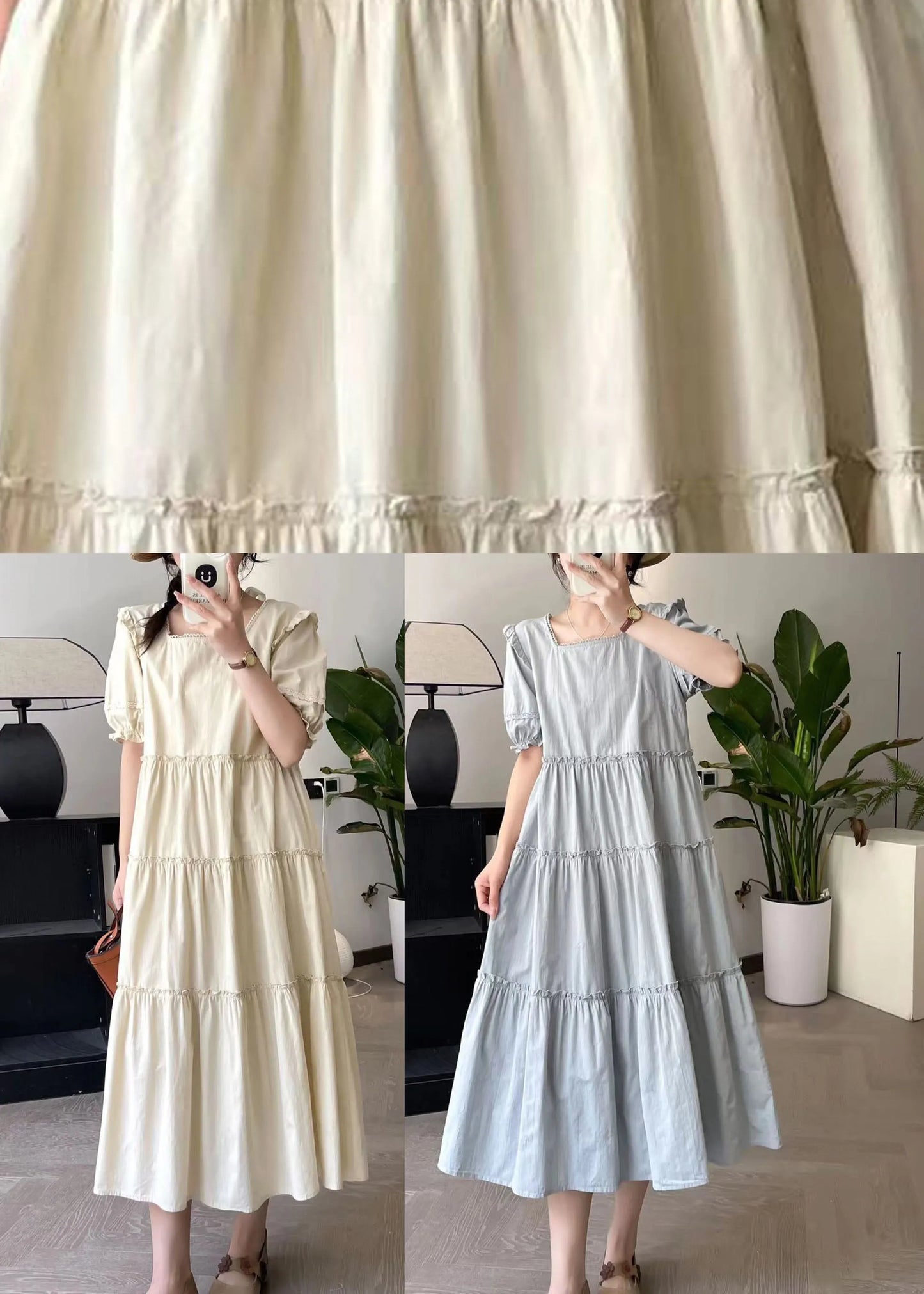 Apricot Square Collar Long Dress Short Sleeve