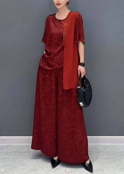 New Chinese Style Silk Jacquard Top and Wide Leg Pants Two Piece Set