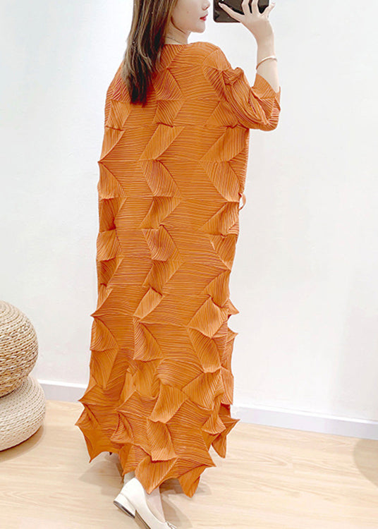 Boutique Orange O-neck Wrinkled Dress Puff Sleeve