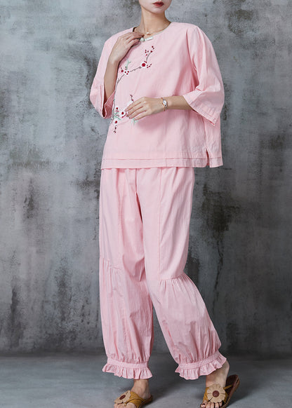 Pink Embroidered Oriental Cotton Two Piece Suit Set Summer