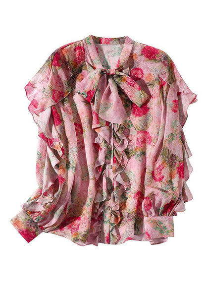 Pink O-neck Ruffled Print Bow Silk Shirt Spring