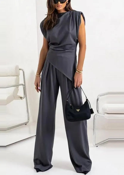 Charcoal Grey Cotton Two Piece Set Clothing Asymmetrical Sleeveless