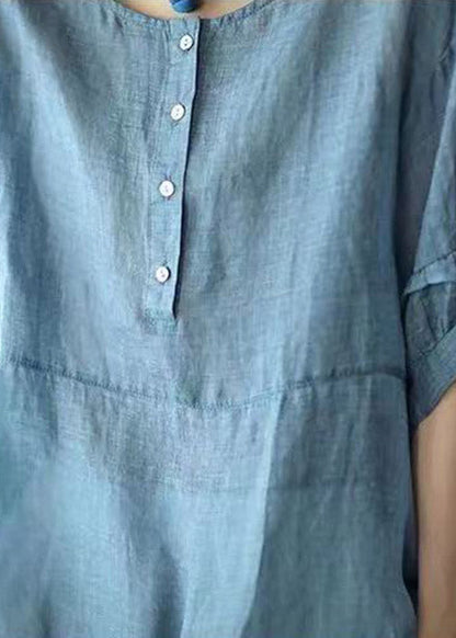 Retro Blue O-neck Ruffled Button Drawstring Top Half Sleeve