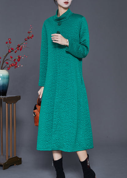 Green High Neck Jacquard Cotton Long Dress Spring