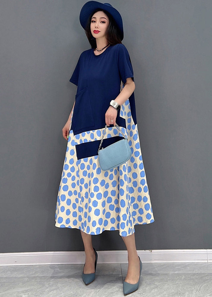 Natural Blue O-neck Patchwork Long Dress Short Sleeve