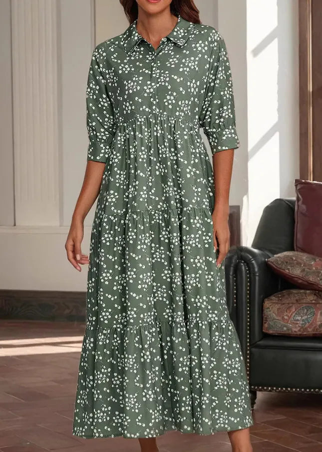 Red Peter Pan Collar Print Cotton Long Dress Half Sleeve