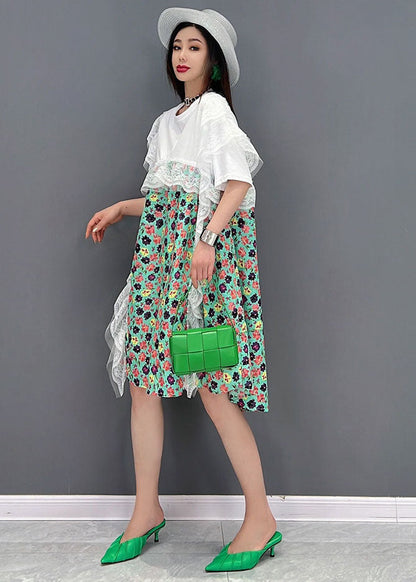 Green Print Lace Patchwork Party Dress O-neck Short Sleeve