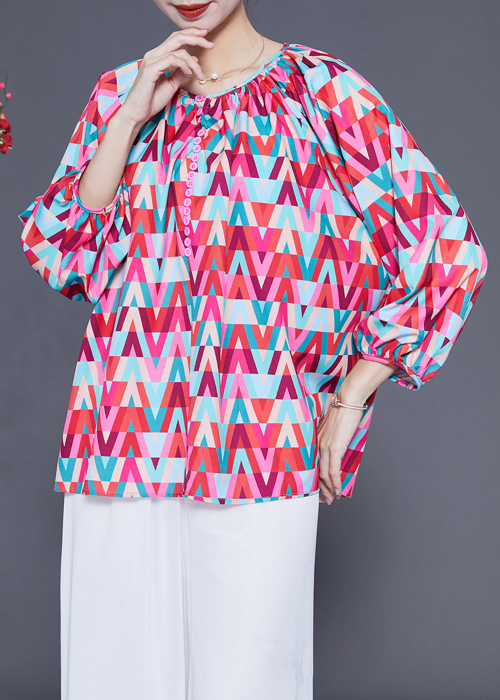 Red O-neck Print Button Chiffon Blouse Top Bracelet Sleeve