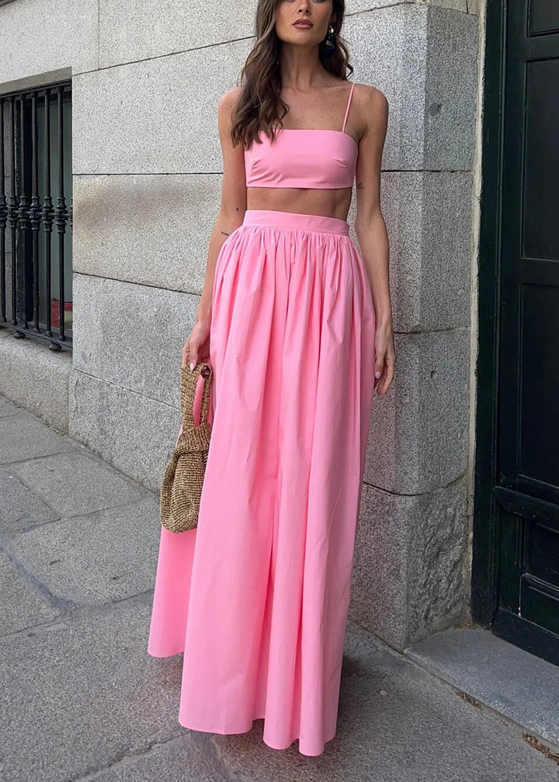 Fitted Pink Silm Fit Cotton Strapless Tops and Skirts Sets 2 Pieces Summer