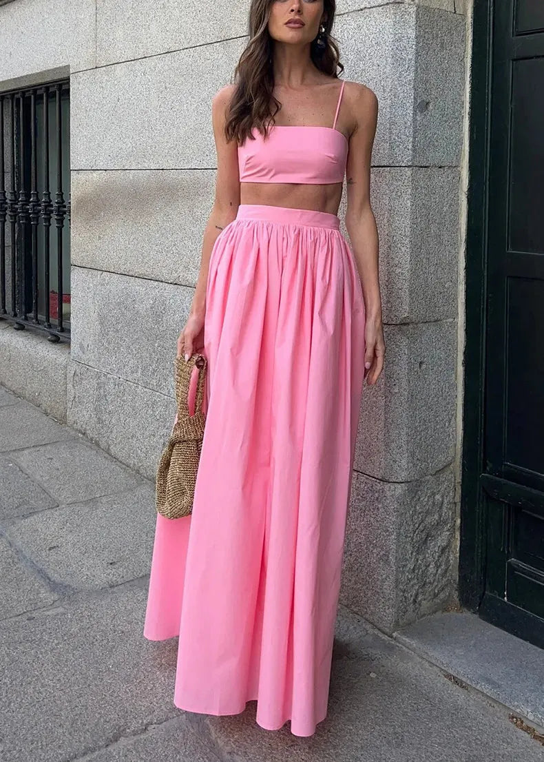 Fitted Pink Silm Fit Cotton Strapless Tops and Skirts Sets 2 Pieces Summer