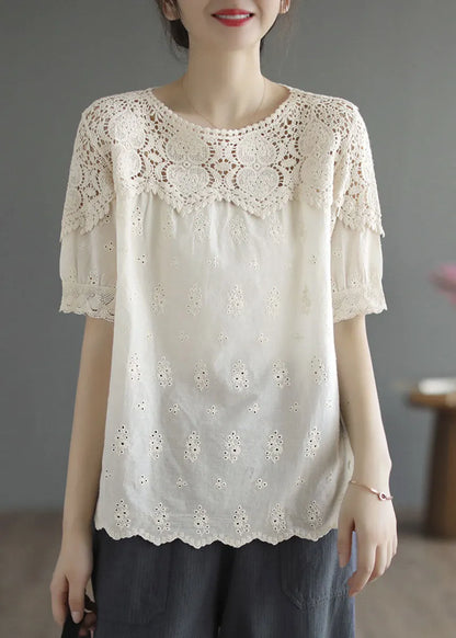 Handmade Beige O-neck Patchwork Lace Cotton Tanks Summer