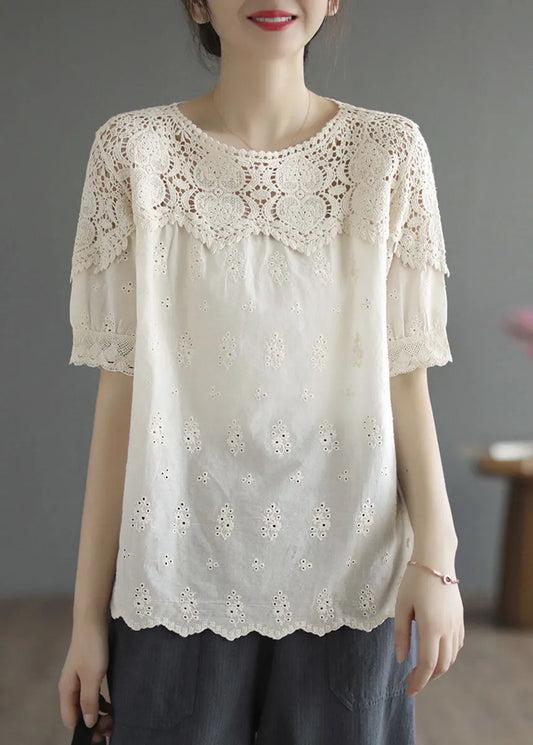 Handmade Beige O-neck Patchwork Lace Cotton Tanks Summer