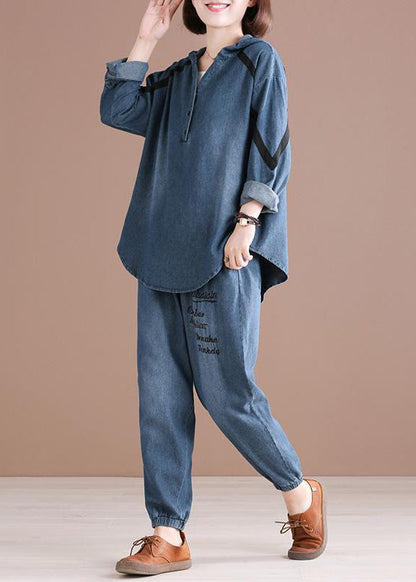Denim Blue Embroideried Hooded Top and Pants Two Pieces Set Spring