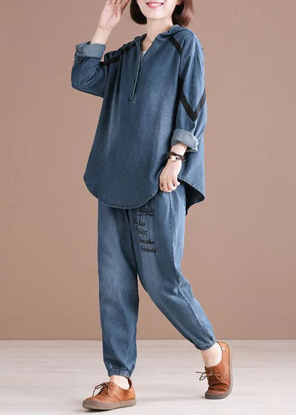 Denim Blue Embroideried Hooded Top and Pants Two Pieces Set Spring