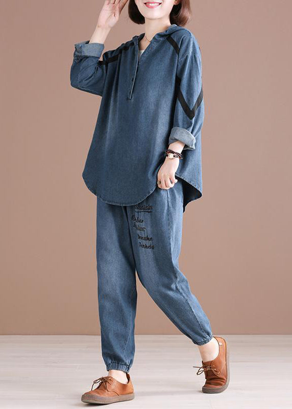 Denim Blue Embroideried Hooded Top and Pants Two Pieces Set Spring