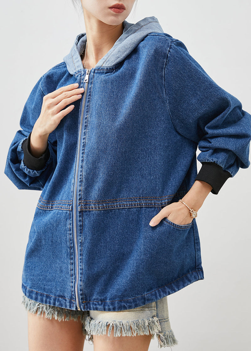 Blue Hooded Patchwork Denim Jackets Spring