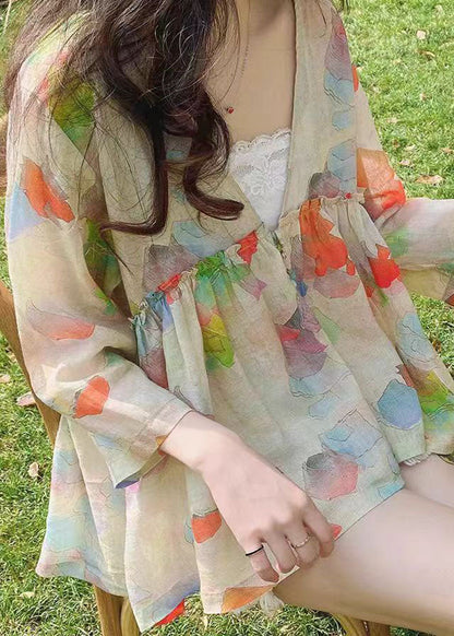 Green V Neck Print Linen Shirt Bracelet Sleeve