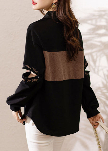 Black Peter Pan Collar Print Patchwork Cotton Sweatshirts Fall