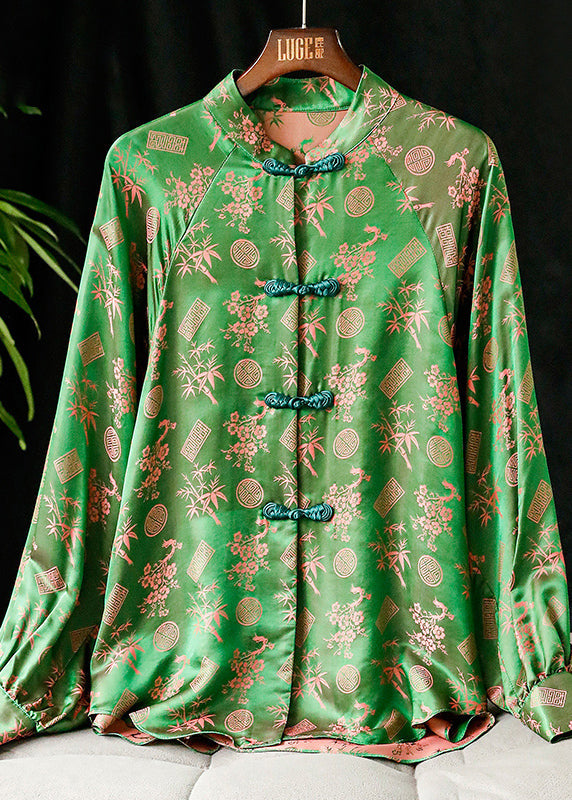 Green Stand Collar Button Print Silk Shirt Tops Long Sleeve