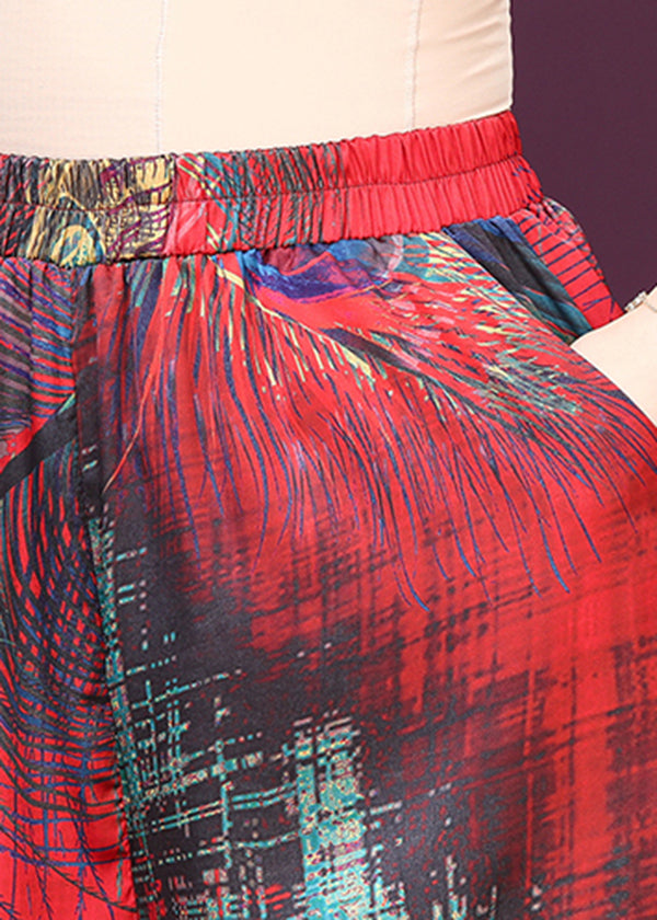 Original Design Red Stand Collar Print Silk Shirt Top and Pants Two Pieces Set Summer