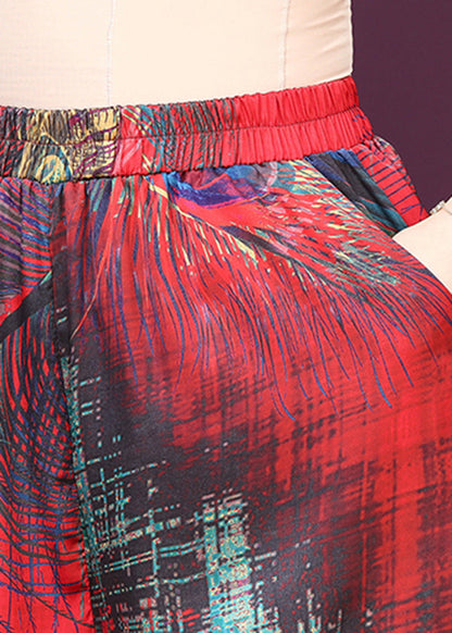 Original Design Red Stand Collar Print Silk Shirt Top and Pants Two Pieces Set Summer