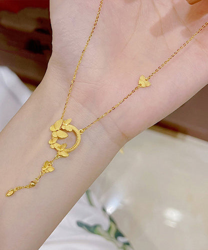 Gold Stainless Steel Butterfly Tassel Pendant Necklace