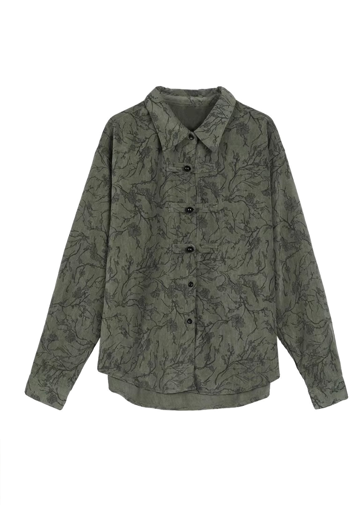 Green Peter Pan Collar Chinese Button Cotton Shirt Tops Fall