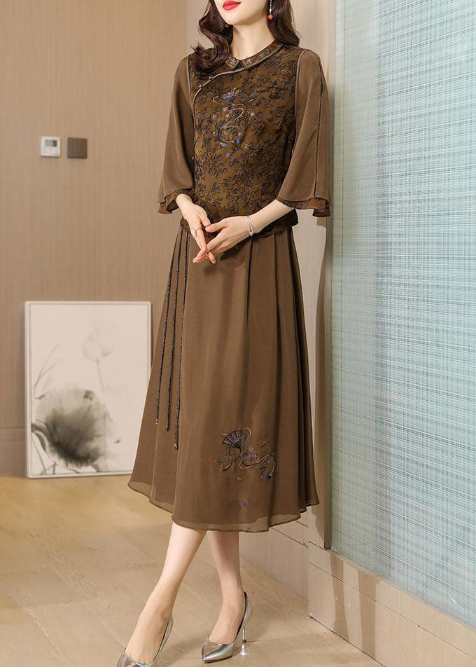 Coffee Peter Pan Collar Embroideried Silk Two Piece Set Summer